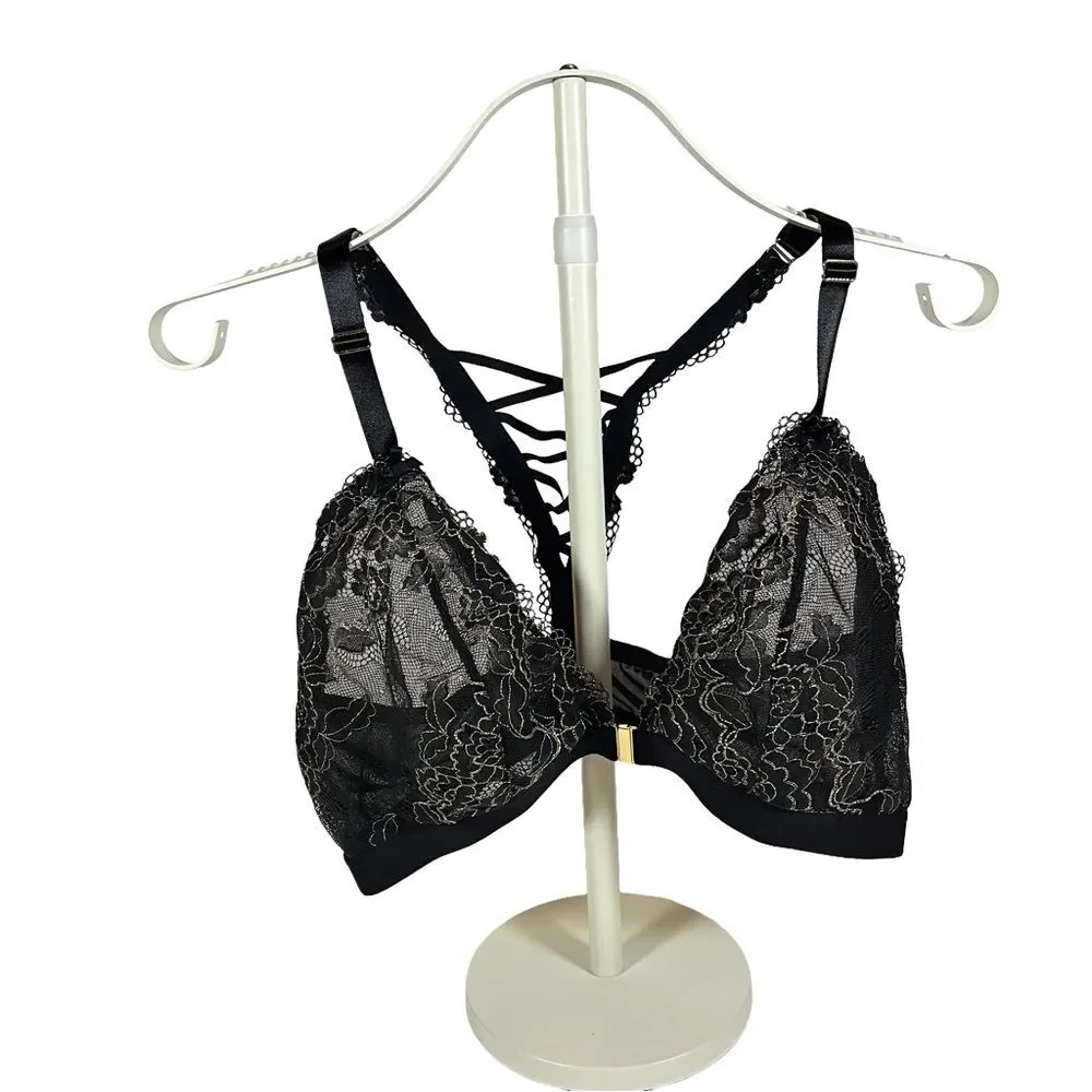 Cacique by Lane Bryant Black Gold Lace Mesh Bralette size 42D wireless